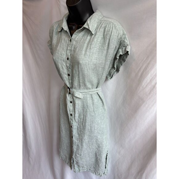 C&C Sage Green Midi Dress 100% Linen Button Front Belted Size M Classy Lagenlook - Picture 4 of 9